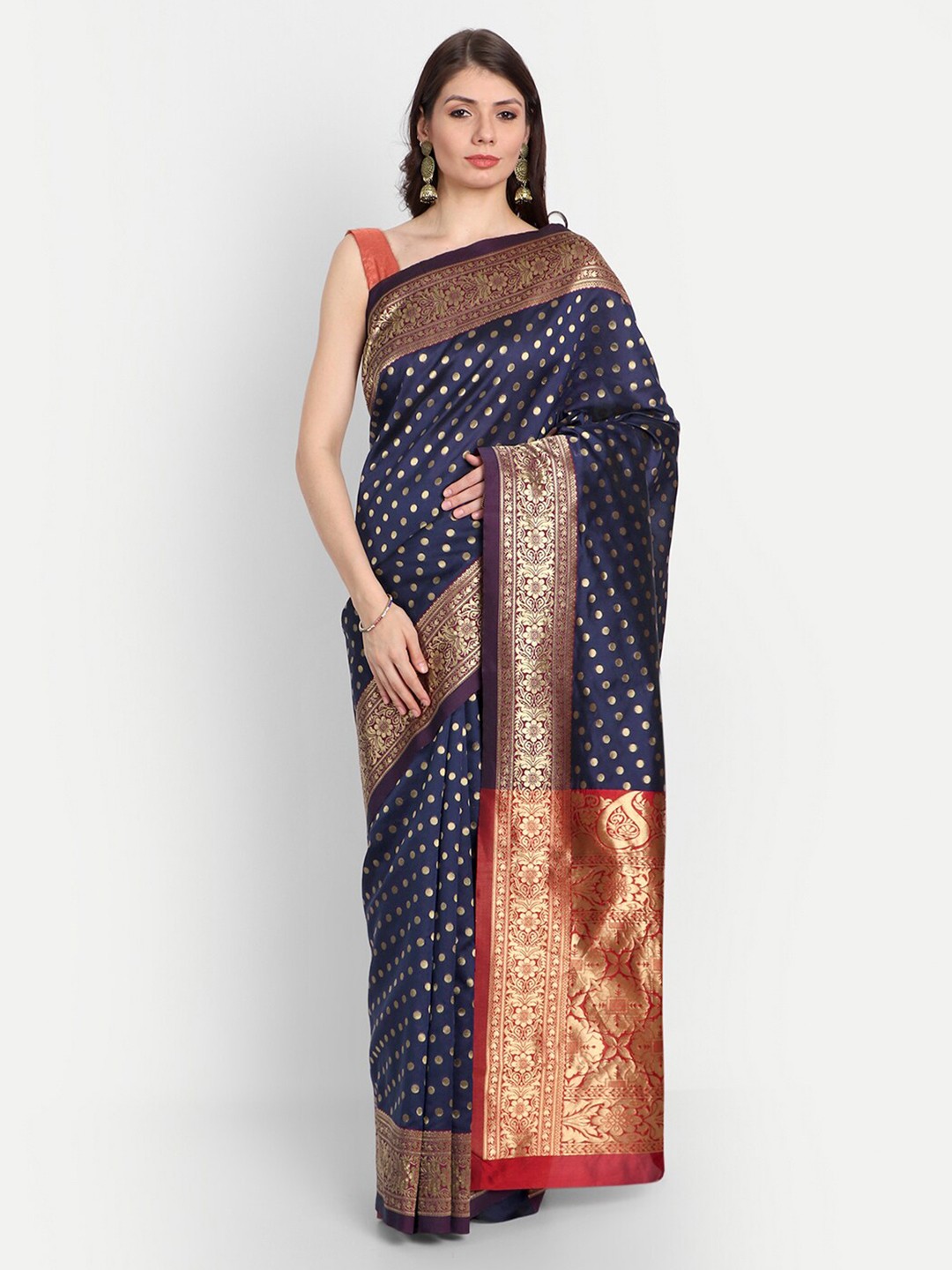 

RIVAMA Blue & Red Woven Design Zari Silk Cotton Banarasi Saree