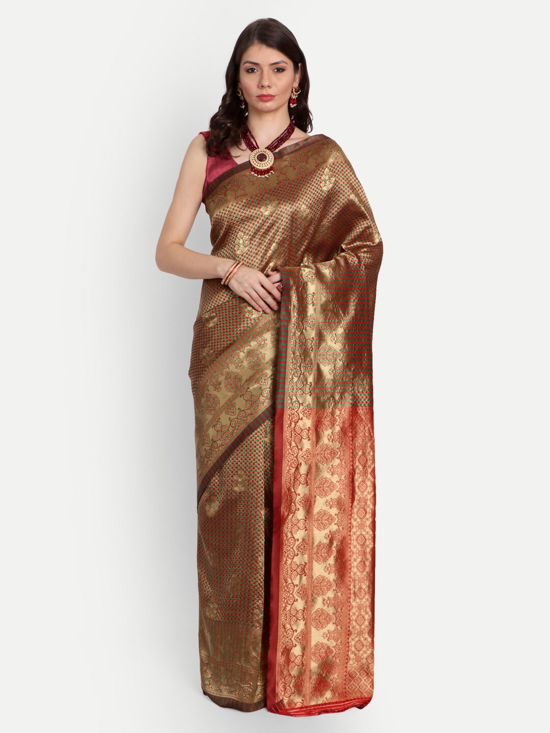 

RIVAMA Red & Gold-Toned Woven Design Zari Silk Cotton Banarasi Saree