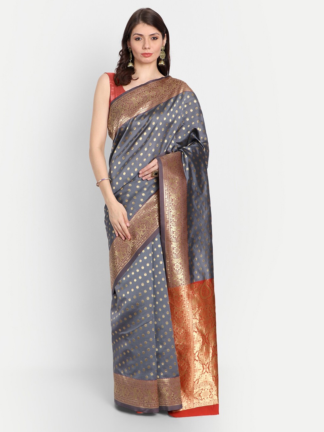 

RIVAMA Grey & Red Woven Design Zari Silk Cotton Banarasi Saree