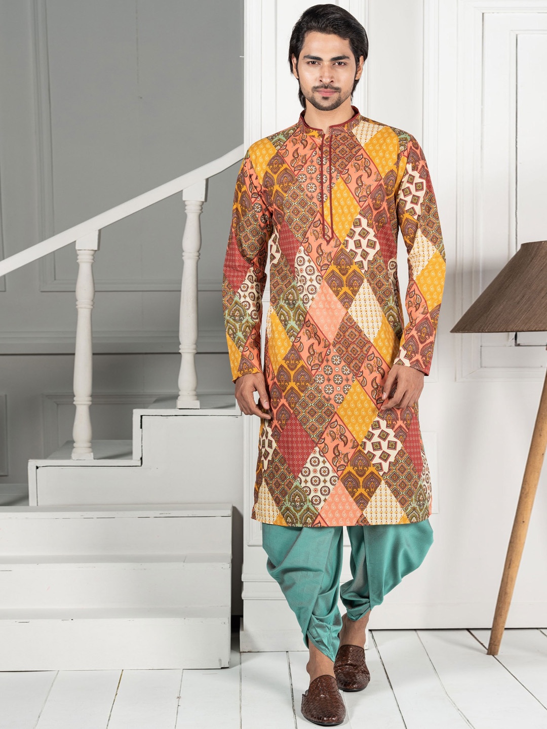 

KISAH Men Rust Geometric Printed Kurta