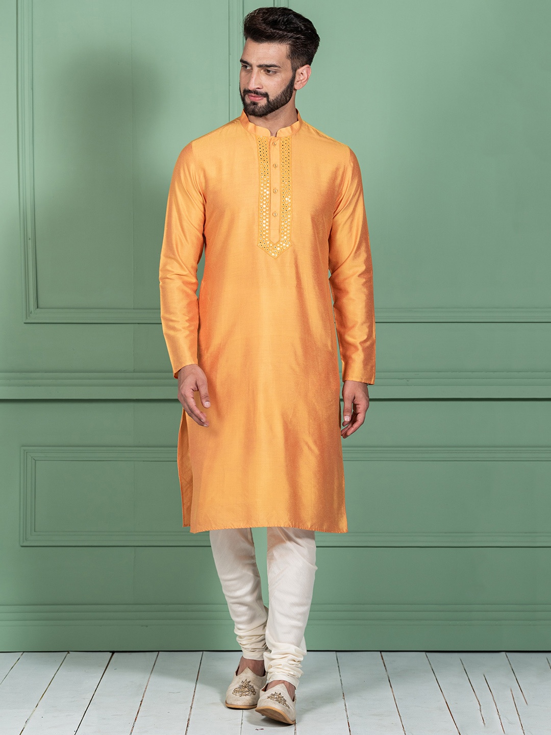 

KISAH Men Orange Thread Work Kurta