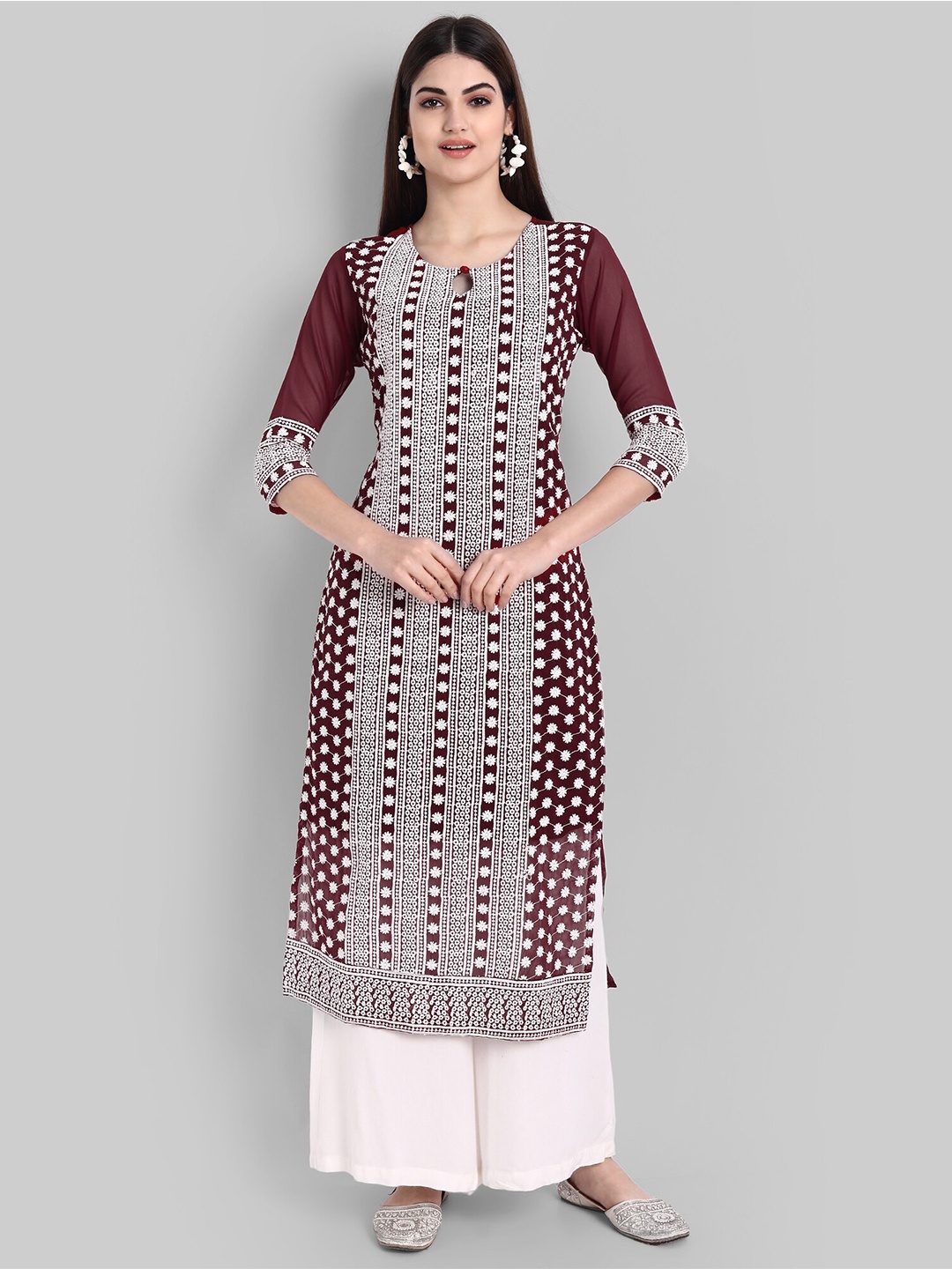 

KALINI Floral Embroidered Pure Georgette Straight Regular Kurta, Maroon