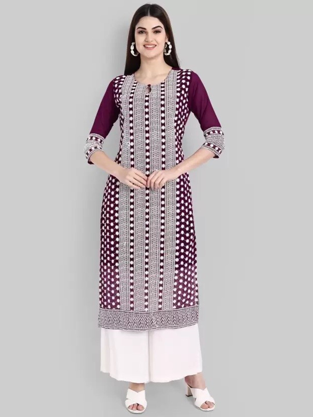 

KALINI Women Burgundy & White Ethnic Motifs Embroidered Georgette Kurta