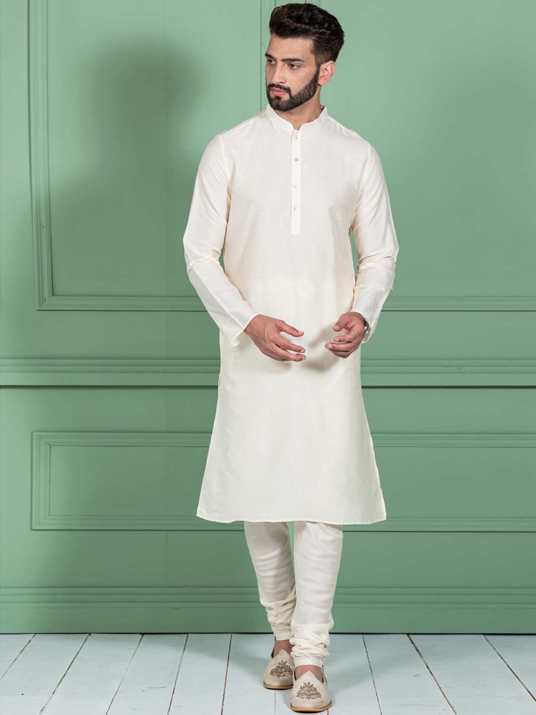 

KISAH Men Off White & Mustard Solid Straight Kurta with Churidar & Printed Nehru jacket