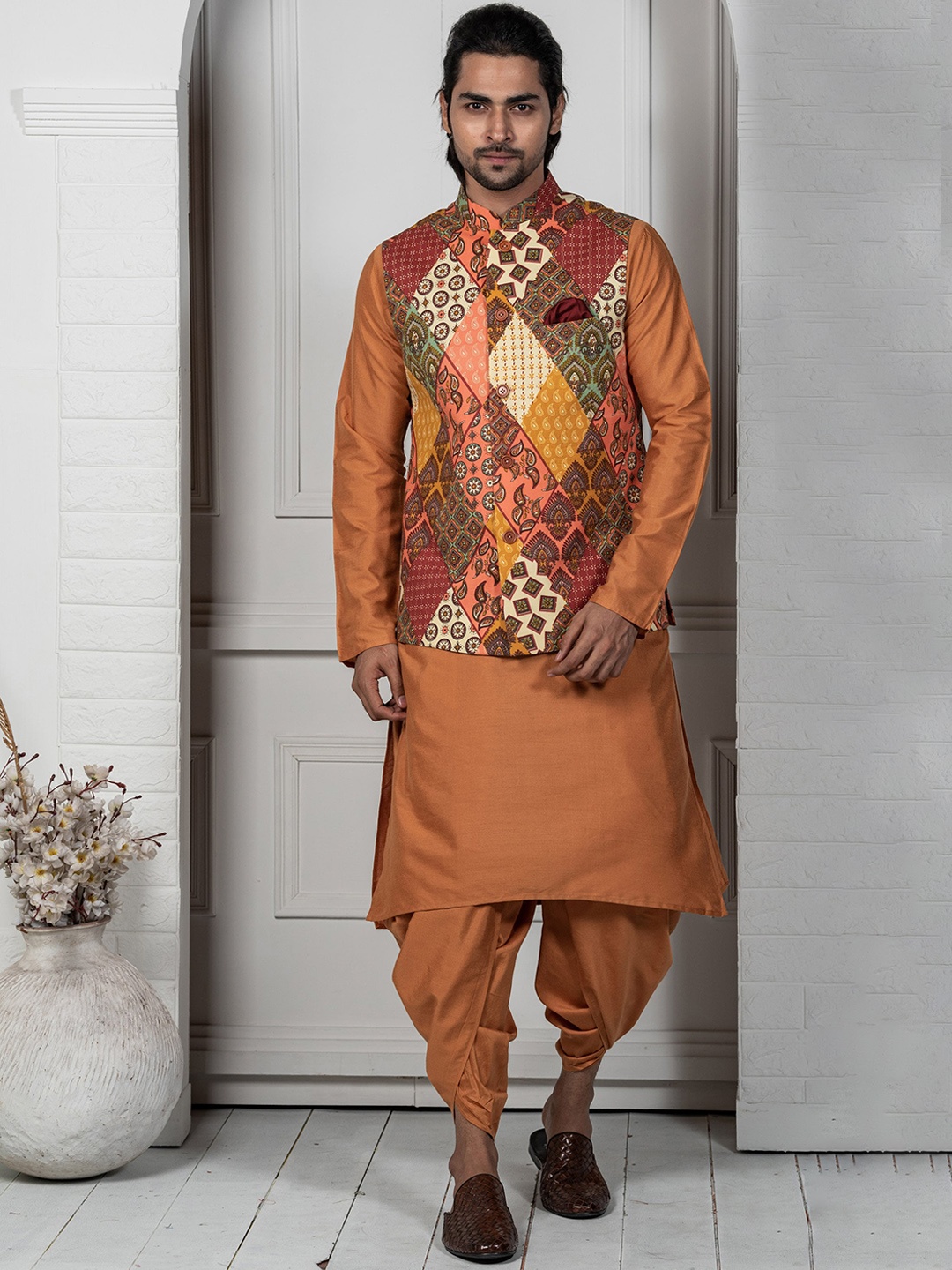 

KISAH Men Mustard Yellow Kurta & Dhoti Pants With Nehru Jacket Set