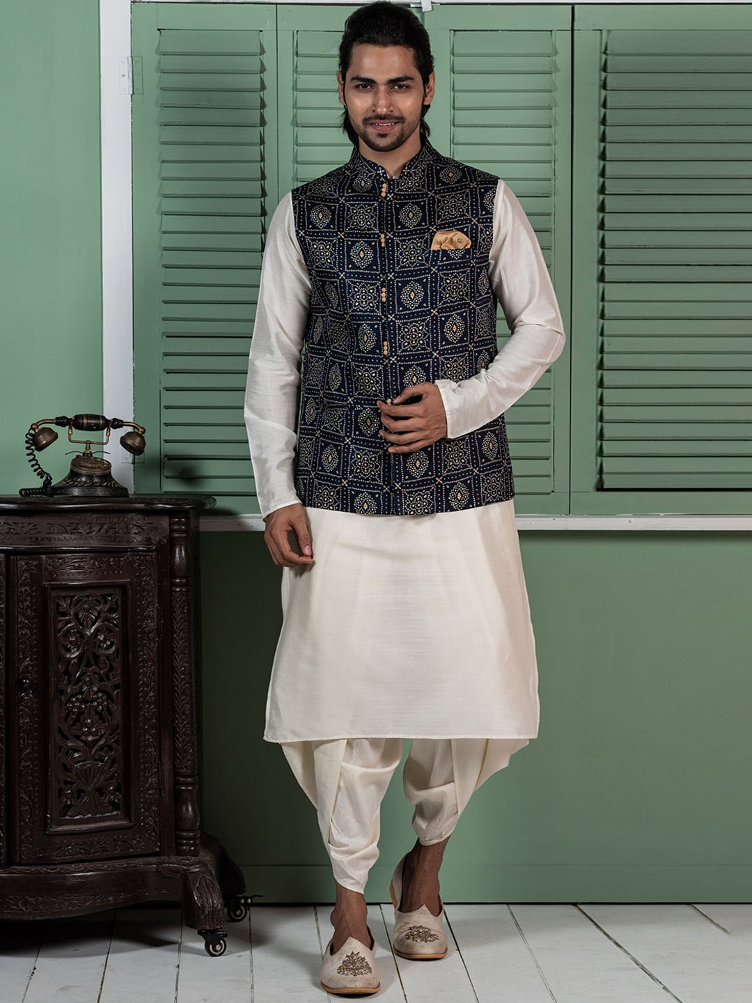 

KISAH Men Navy Blue Printed Kurta with Dhoti Pant Jacket Set