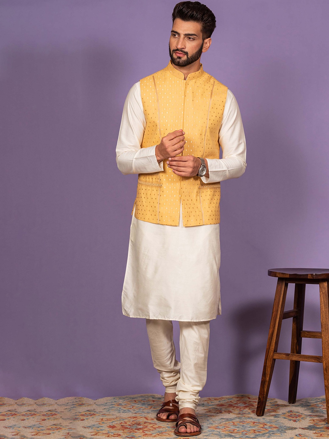 

KISAH Men Yellow & Cream-Colored Kurta and Pyjamas With Nehru Jacket