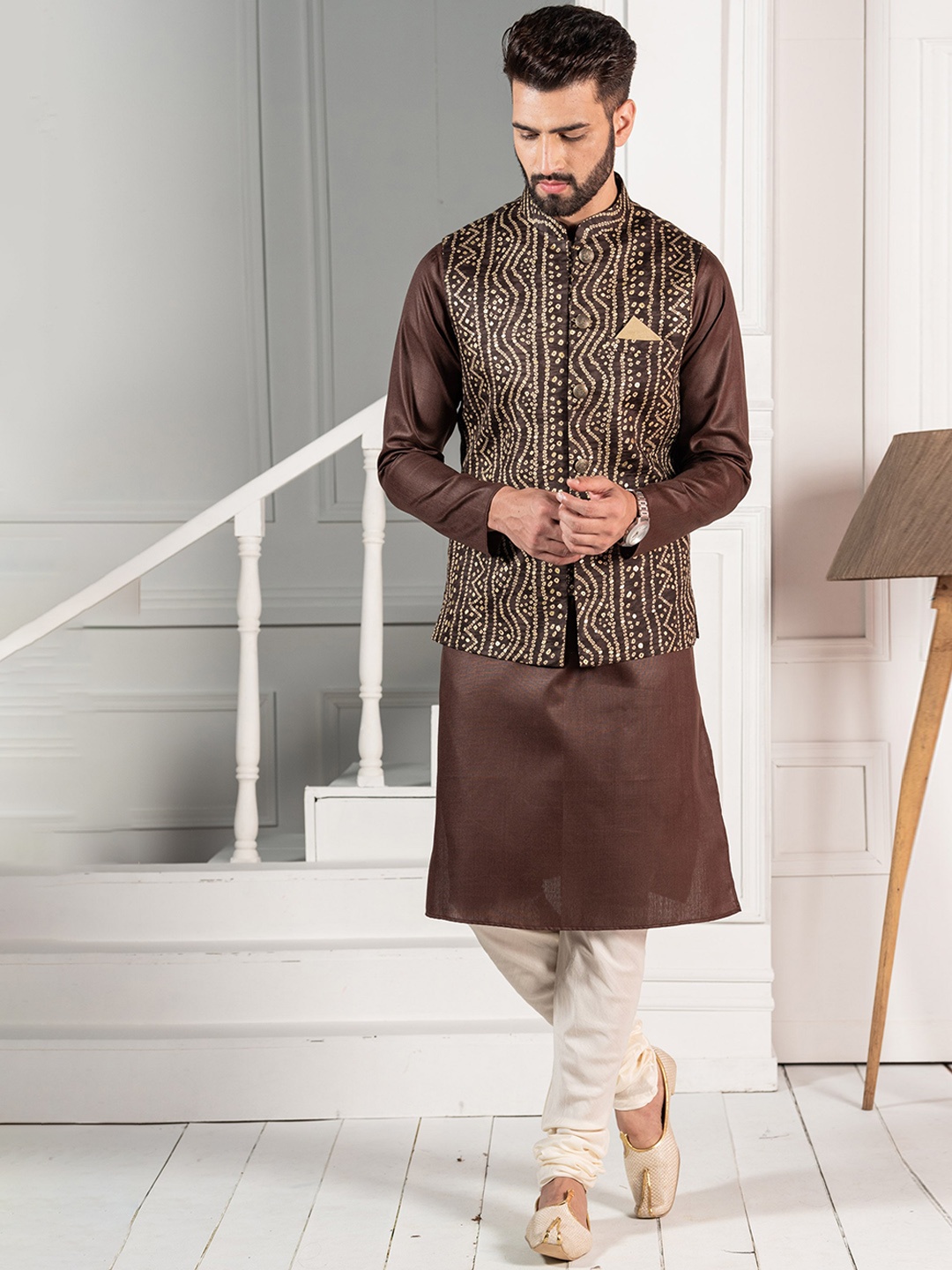 

KISAH Men Brown Kurta with Pyjamas & Nehru Jacket