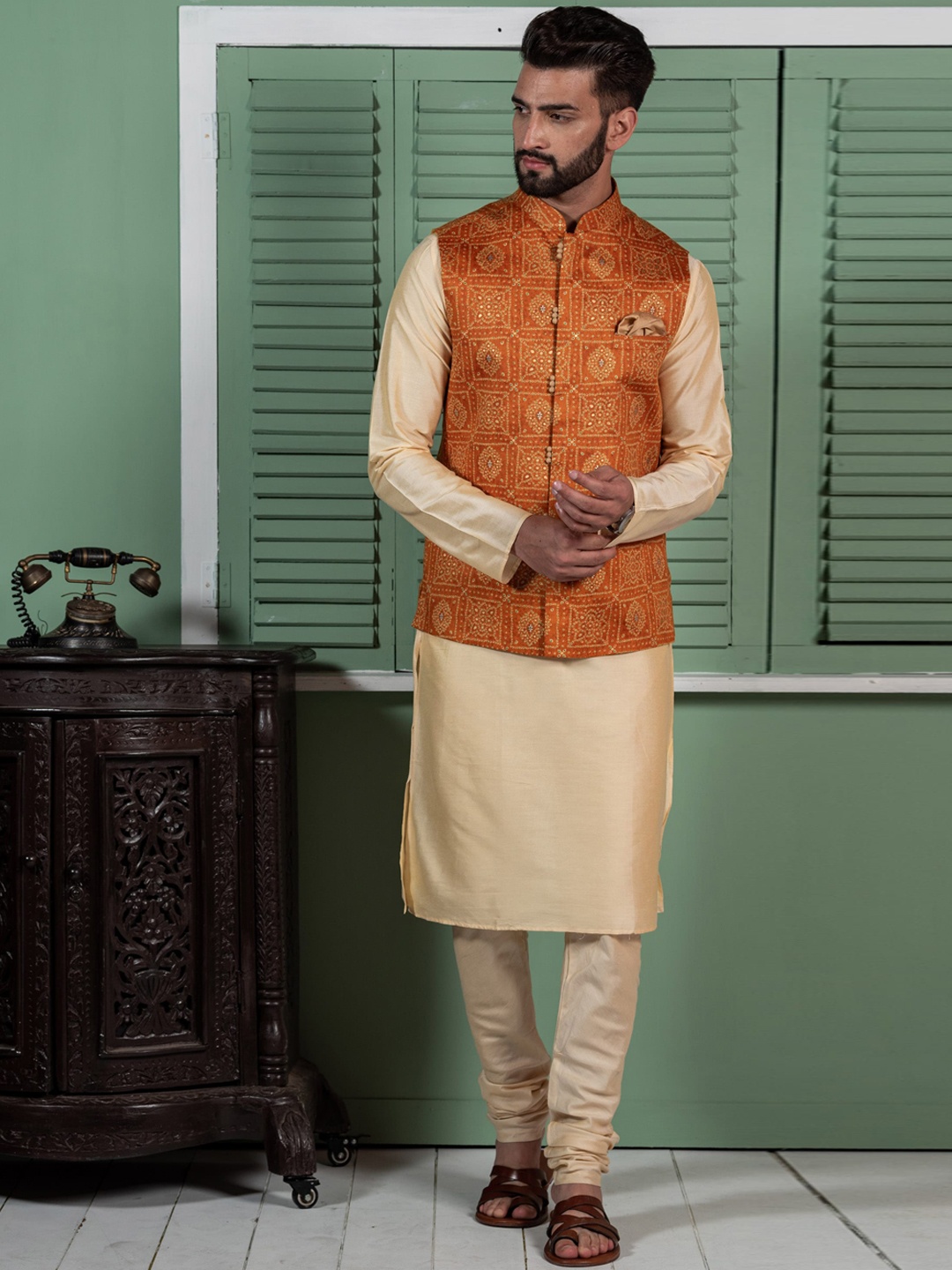 

KISAH Men Orange Kurta with Churidar With Nehru Jacket