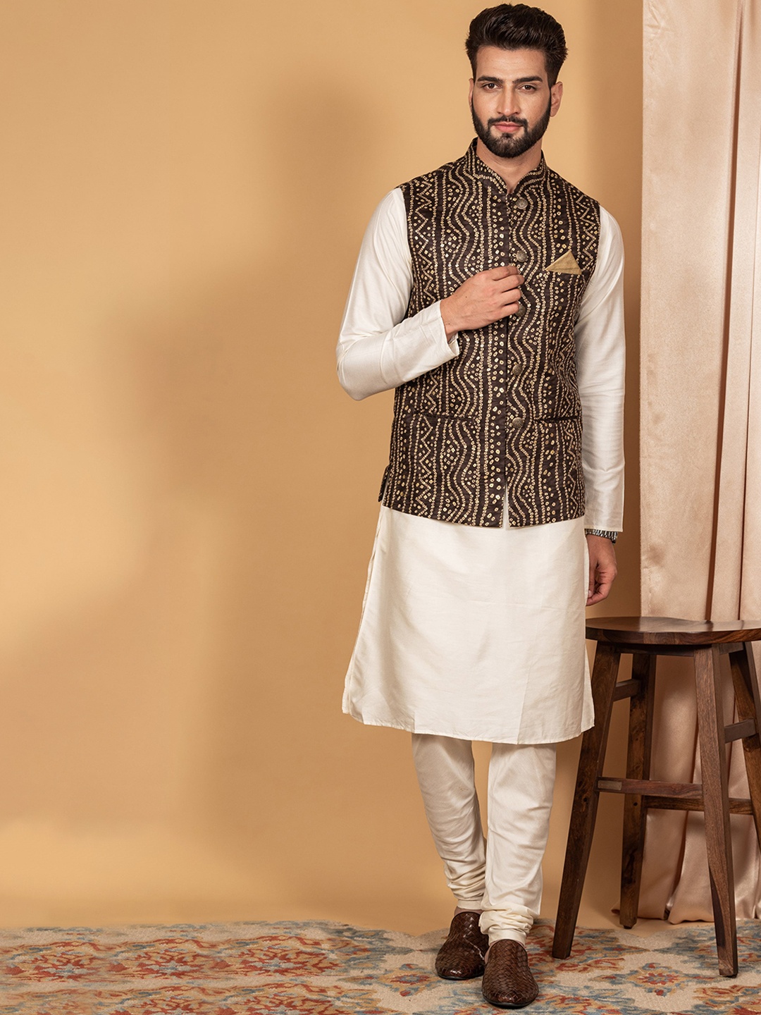 

KISAH Men Off White & Coffee Brown Straight Kurta with Churidar & With Nehru Jacket