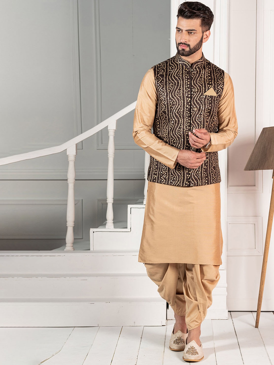 

KISAH Men Brown Bandhani Printed Kurta with Dhoti Pant & Nehru Jacket