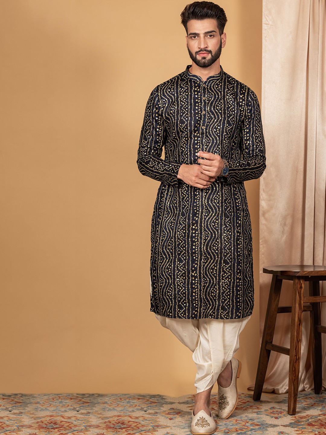 

KISAH Men Navy Blue Ethnic Motifs Printed Kurta with Dhoti Pants