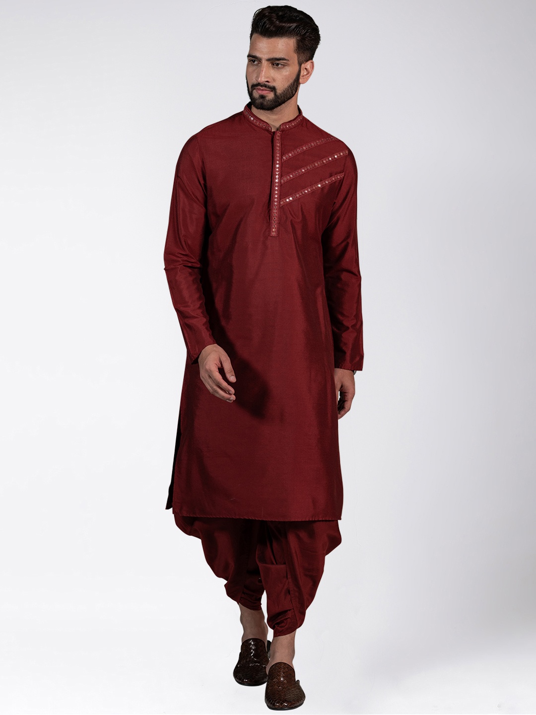 

KISAH Men Maroon Mirror Work Kurta with Dhotipant