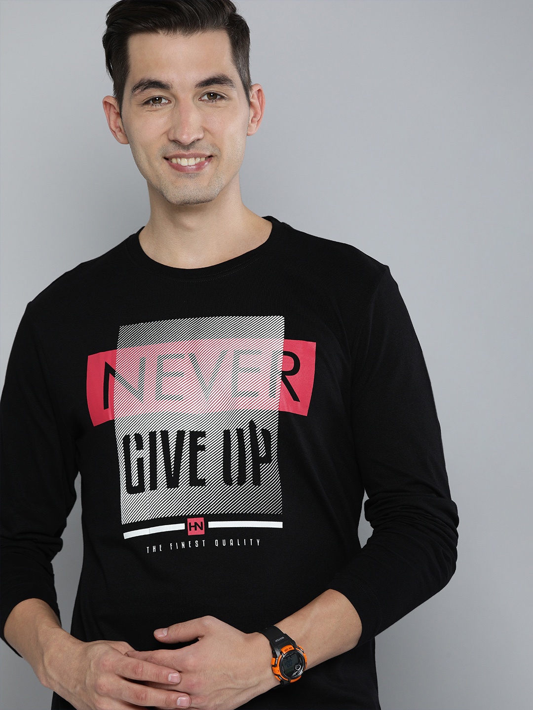 

HERE&NOW Men Black Typography Printed Pure Cotton T-shirt