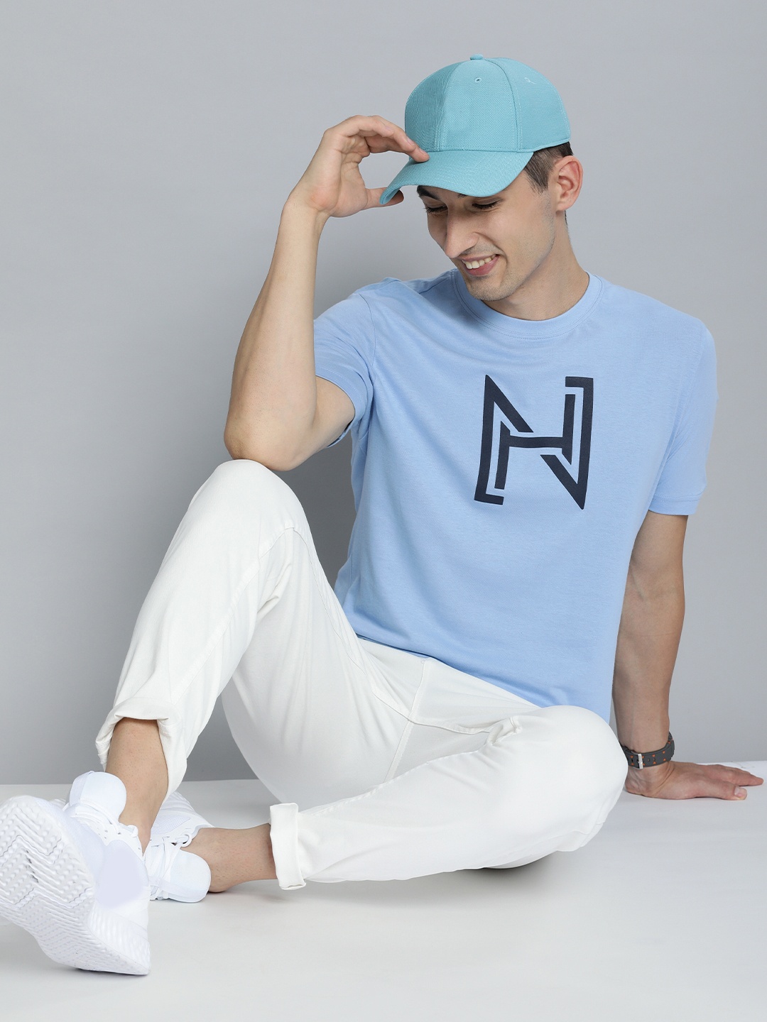

HERE&NOW Men Turquoise Blue Brand Logo Printed Pure Cotton T-shirt