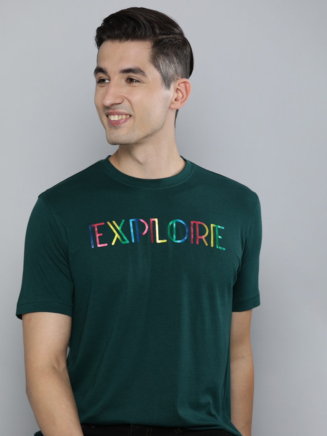 

HERE&NOW Men Green Typography Printed Pure Cotton T-shirt