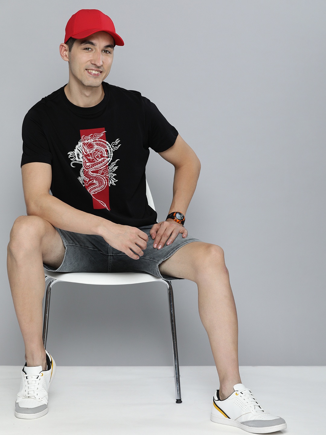 

HERE&NOW Men Black Printed Pure Cotton T-shirt