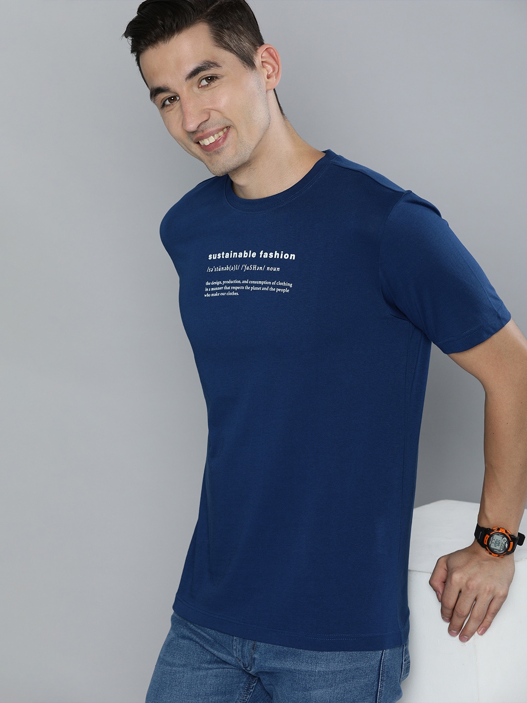 

HERE&NOW Men Navy Blue Typography Printed Pure Cotton T-shirt