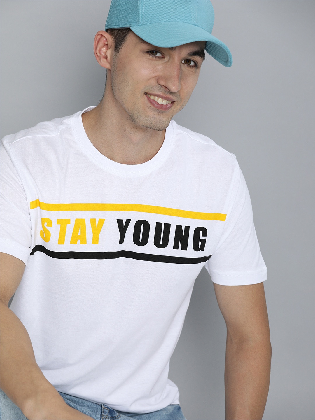 

HERE&NOW Men White & Black Typography Printed Pure Cotton T-shirt