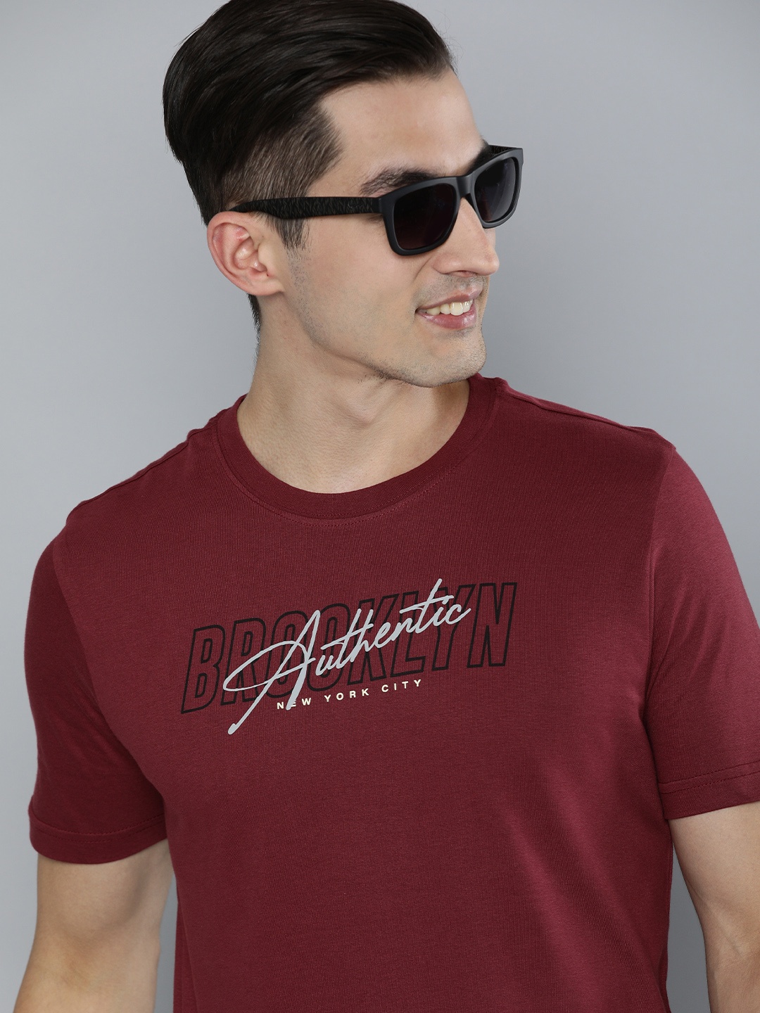 

HERE&NOW Men Maroon Printed Pure Cotton T-shirt