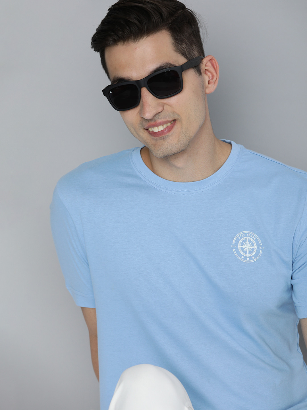 

HERE&NOW Men Blue Pure Cotton T-shirt