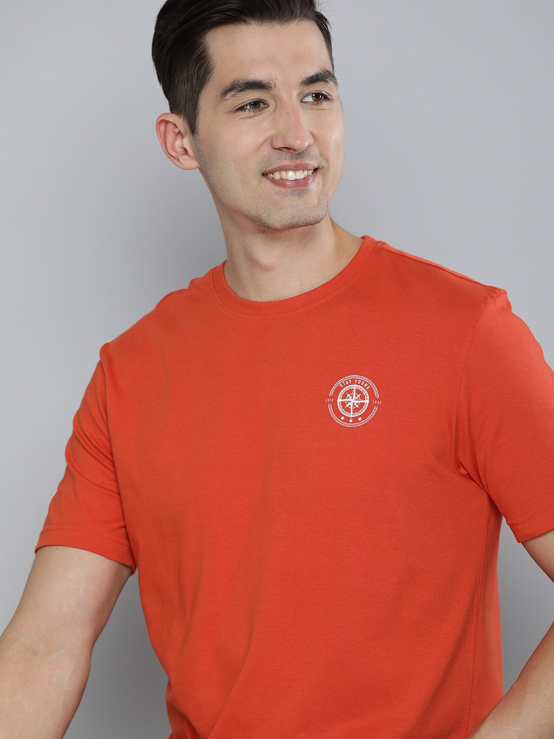 

HERE&NOW Men Coral Red Pure Cotton T-shirt