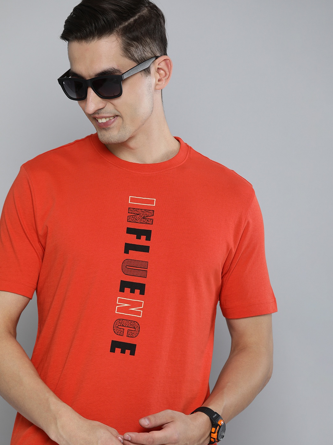 

HERE&NOW Men Orange & Black Printed Pure Cotton T-shirt