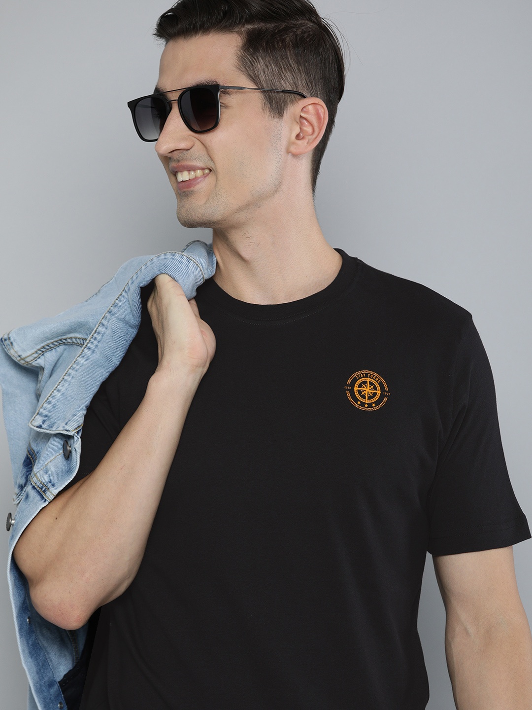 

HERE&NOW Men Black Pure Cotton T-shirt