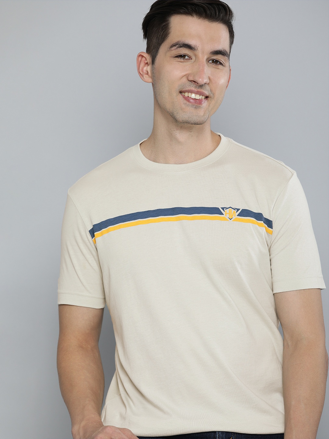 

HERE&NOW Men Beige Solid Pure Cotton T-shirt