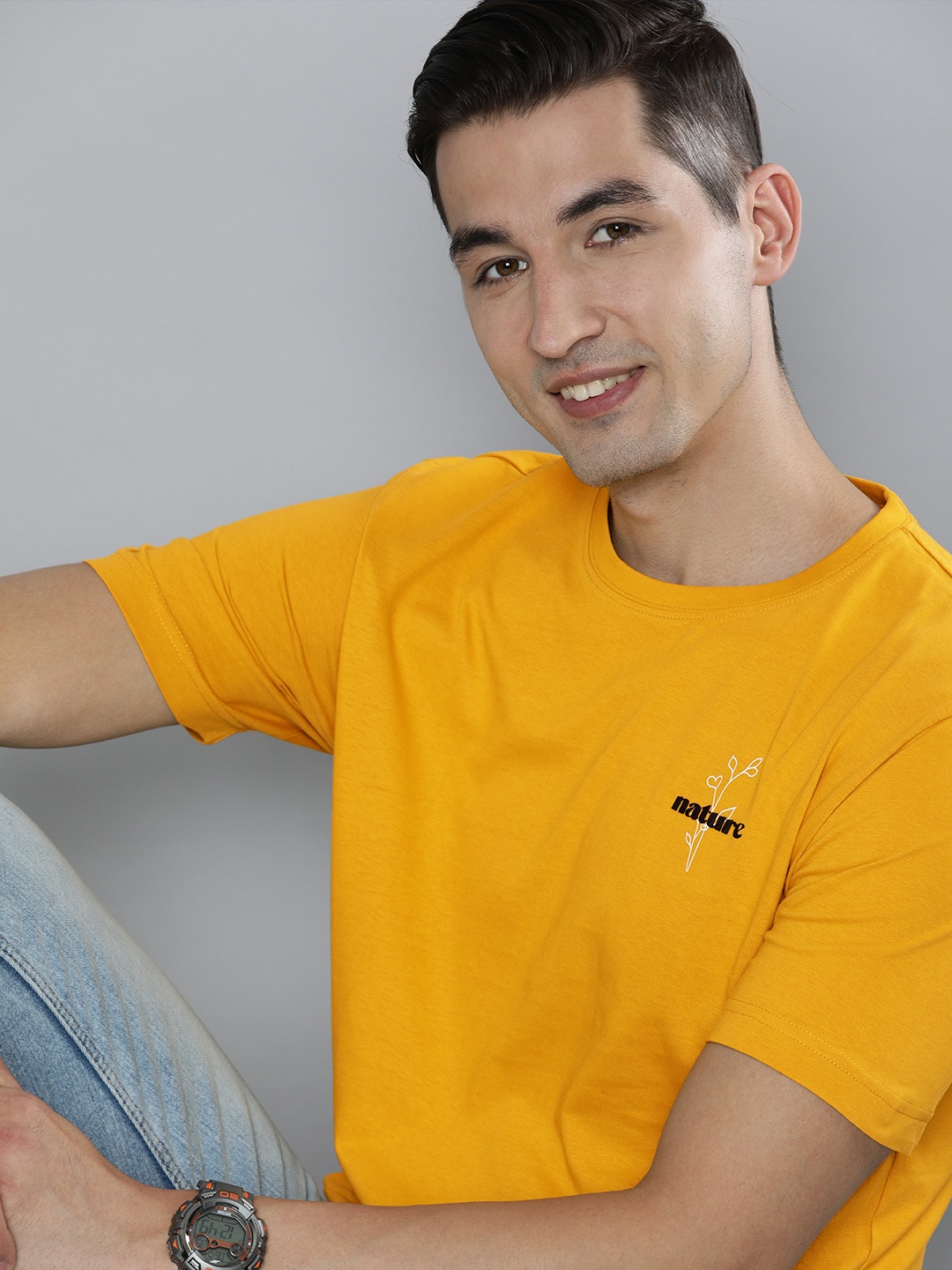 

HERE&NOW Men Mustard Yellow Pure Cotton T-shirt
