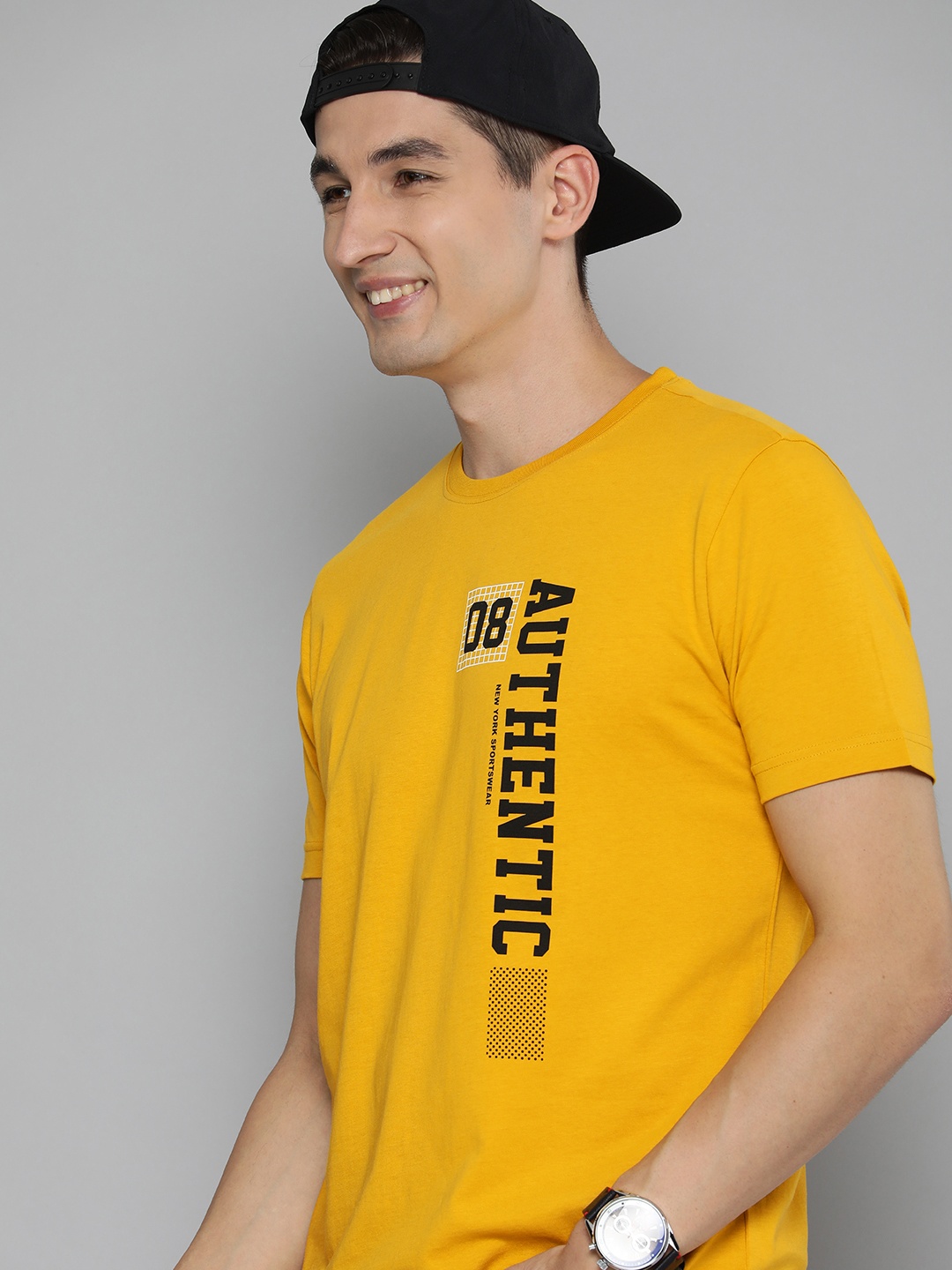 

HERE&NOW Men Mustard Yellow Typography Printed Pure Cotton T-shirt