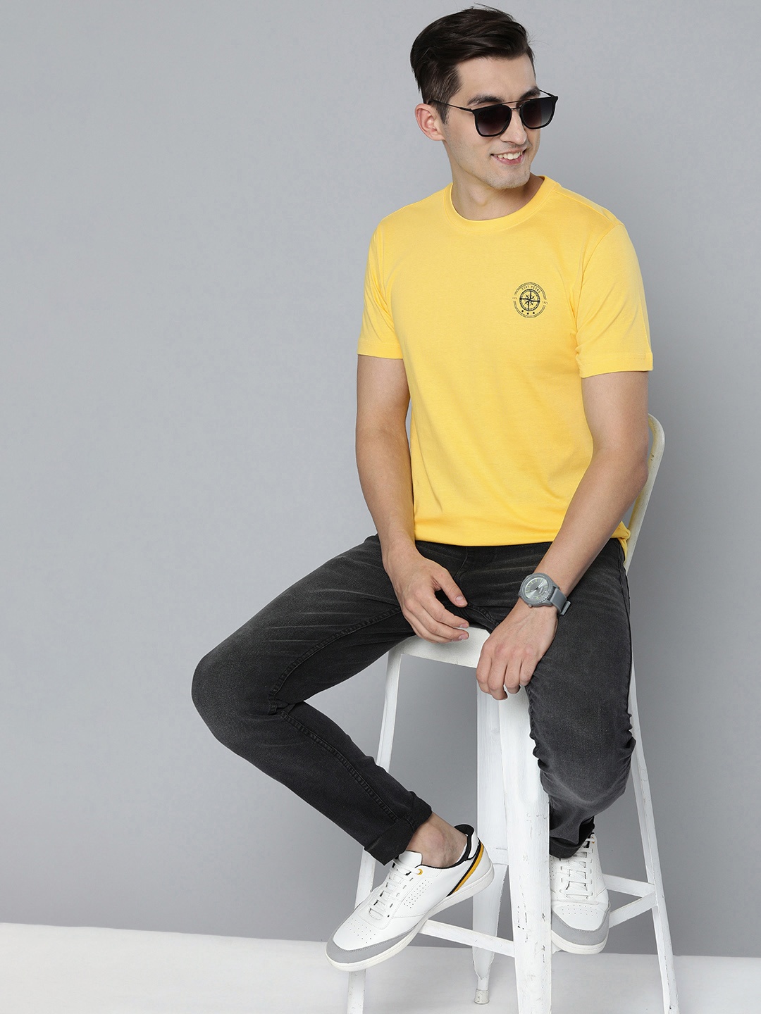 

HERE&NOW Men Yellow Solid Pure Cotton T-shirt