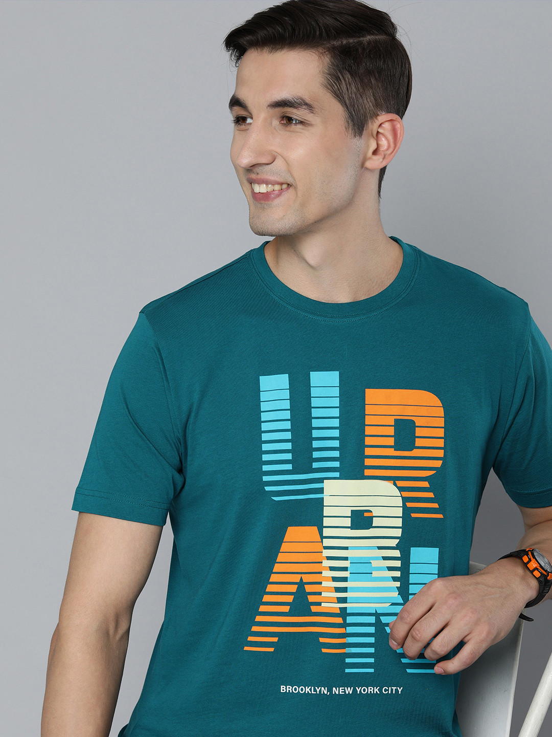

HERE&NOW Men Teal Blue & Orange Typography Printed Pure Cotton T-shirt