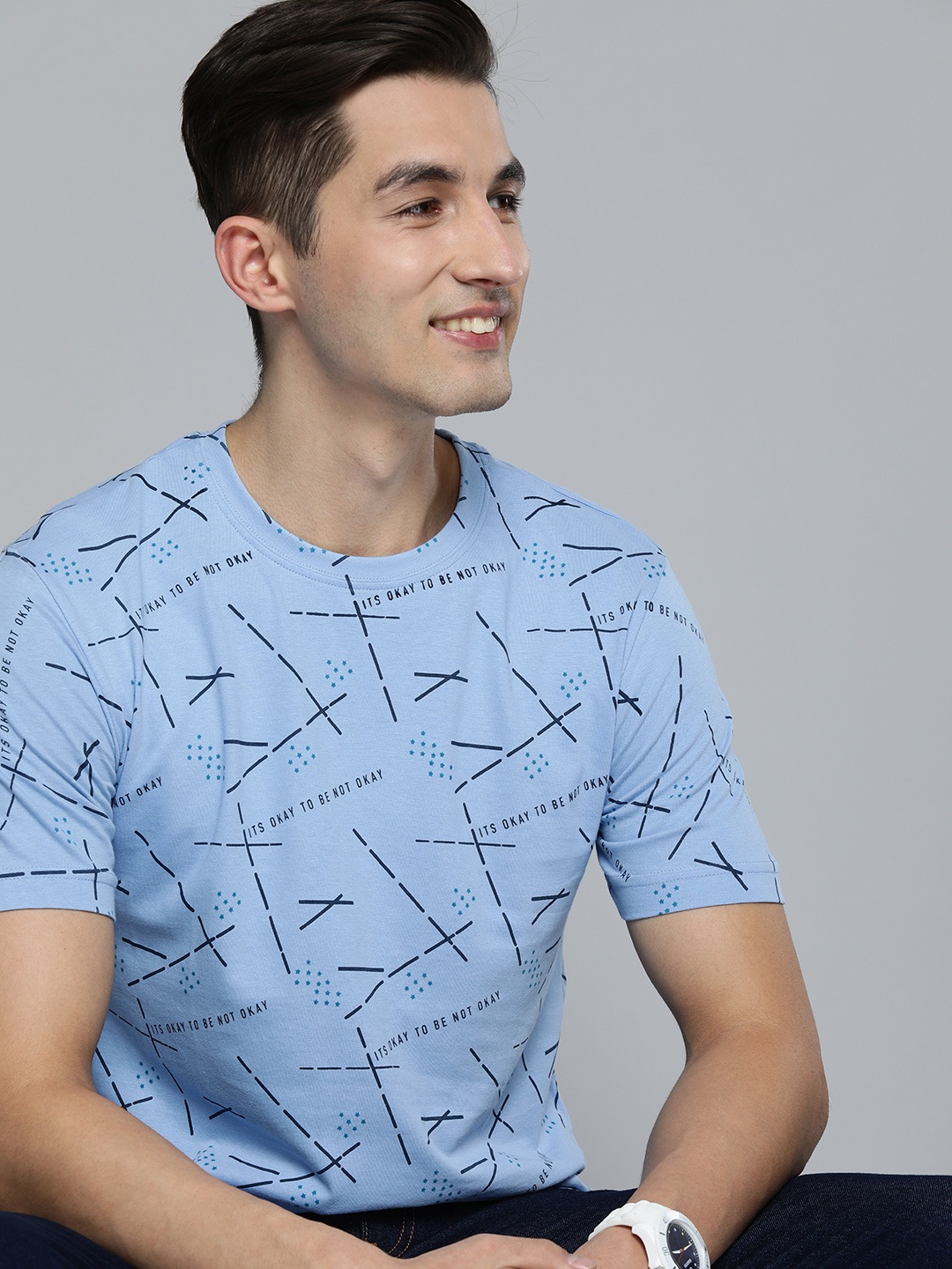 

HERE&NOW Men Blue Typography Printed Pure Cotton T-shirt
