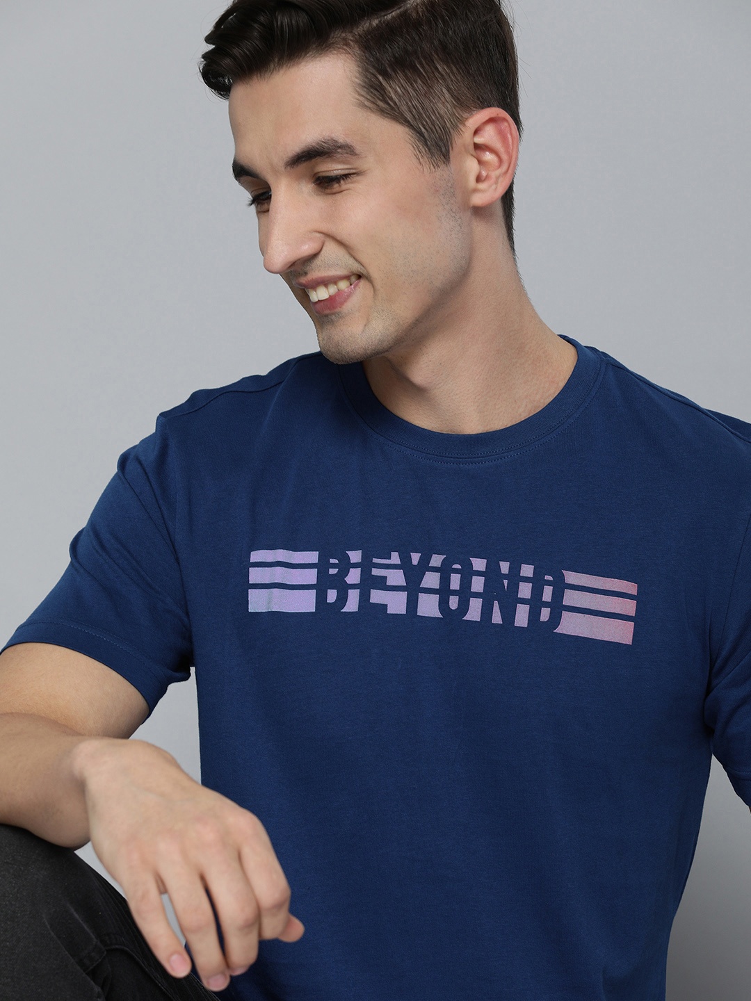

HERE&NOW Men Navy Blue Typography Printed Pure Cotton T-shirt