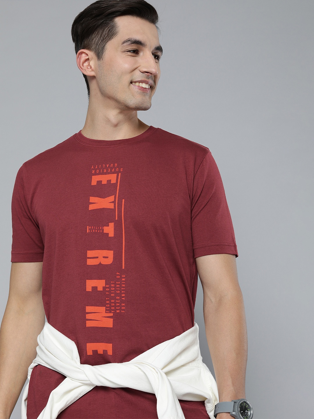 

HERE&NOW Men Burgundy & Orange Typography Printed Pure Cotton T-shirt