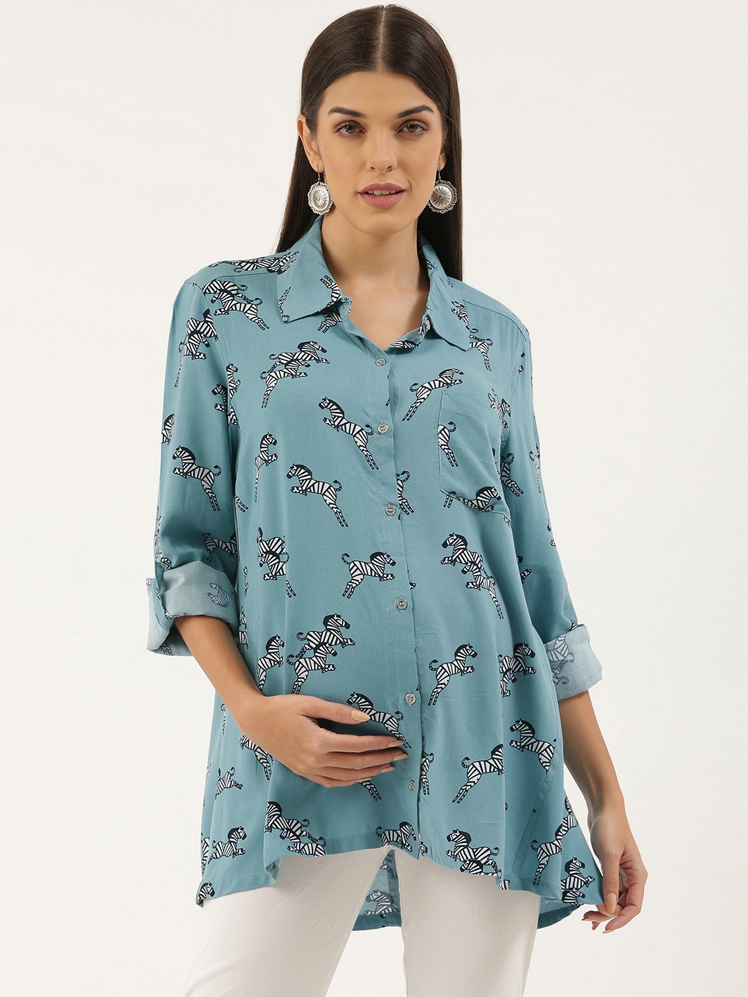 

Blush 9 Maternity Women Relaxed Fit Animal Printed Maternity Shirt, Turquoise blue