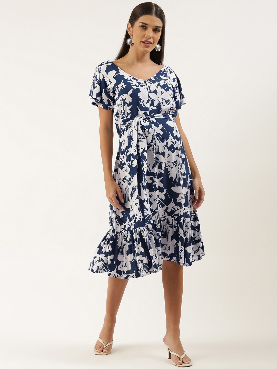 

Blush 9 Maternity Floral Maternity A-Line Midi Dress, Navy blue