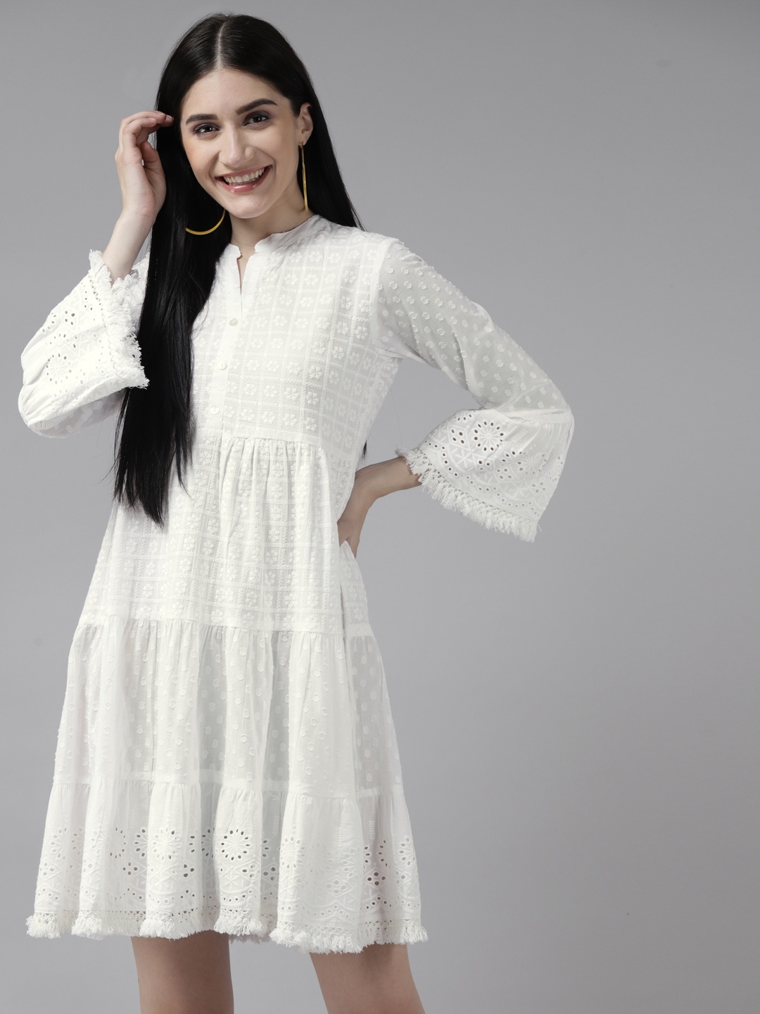 

Yufta White Embroidered Bell Sleeves Cotton Above-Knee Tiered A-Line Dress