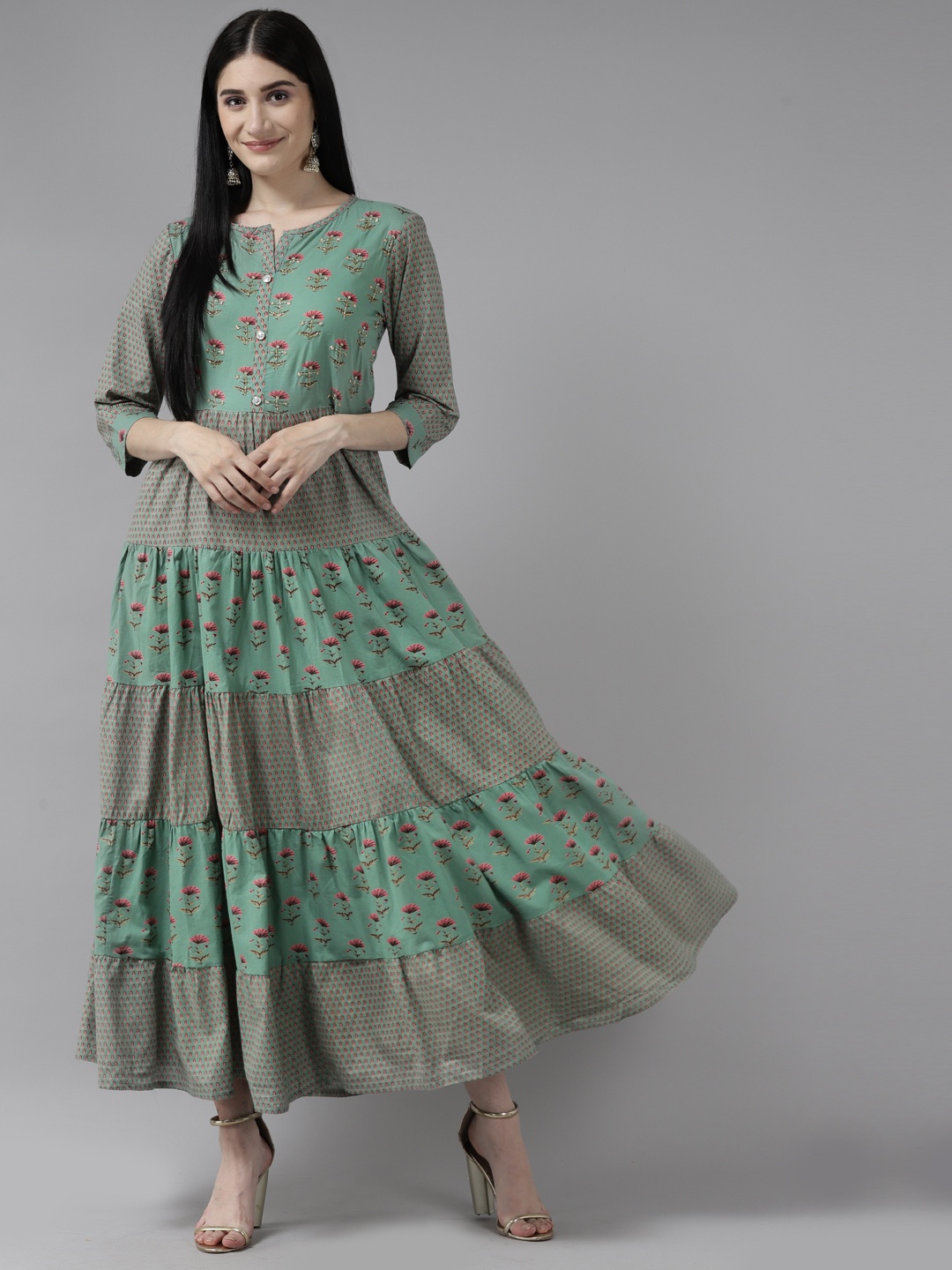 

Yufta Green Floral Ethnic Cotton Maxi Dress