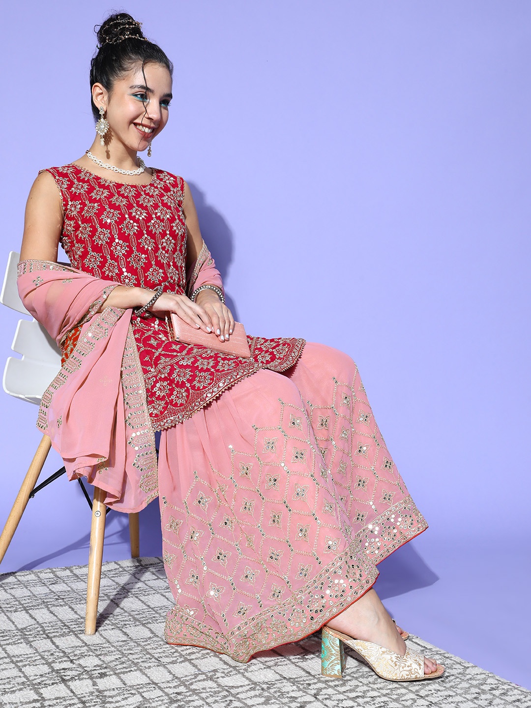 

Chhabra 555 Women Ethnic Motifs Poly Georgette Bold Decoration Kurta Set, Red