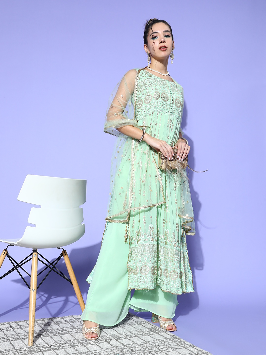 

Chhabra 555 Women Ethnic Motifs Poly Georgette Bold Decoration Kurta Set, Sea green