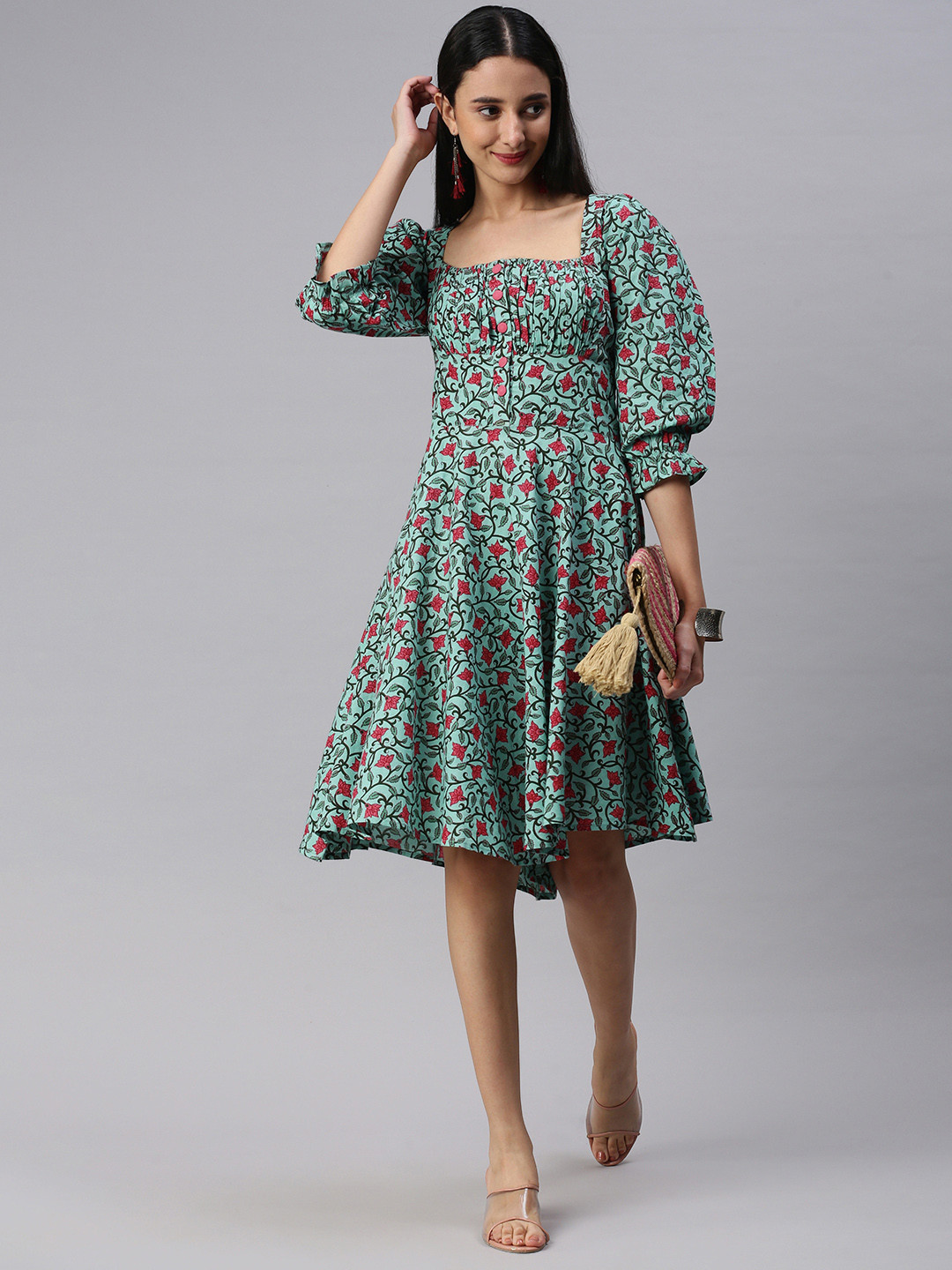 

KALINI Woman Floral Print Cotton Fit & Flare Dress, Blue