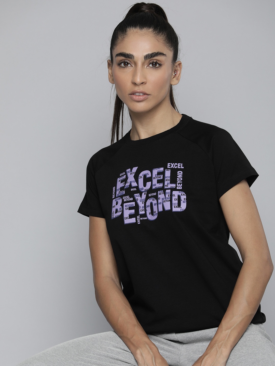 

HRX by Hrithik Roshan Women Black & Blue Printed Pure Cotton T-shirt