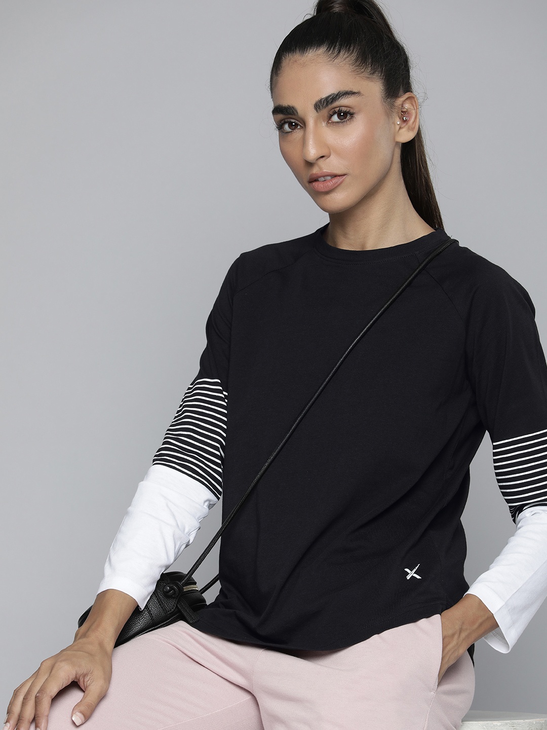 

HRX by Hrithik Roshan Women Black & White Pure Cotton Solid T-shirt