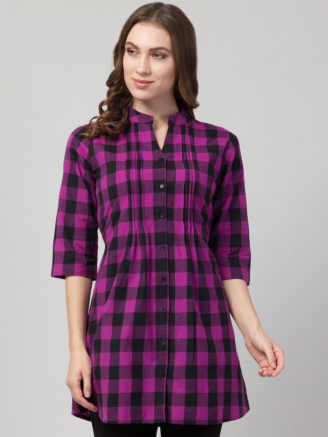 

Hive91 Purple & Black Mandarin Collar Checked Tunic