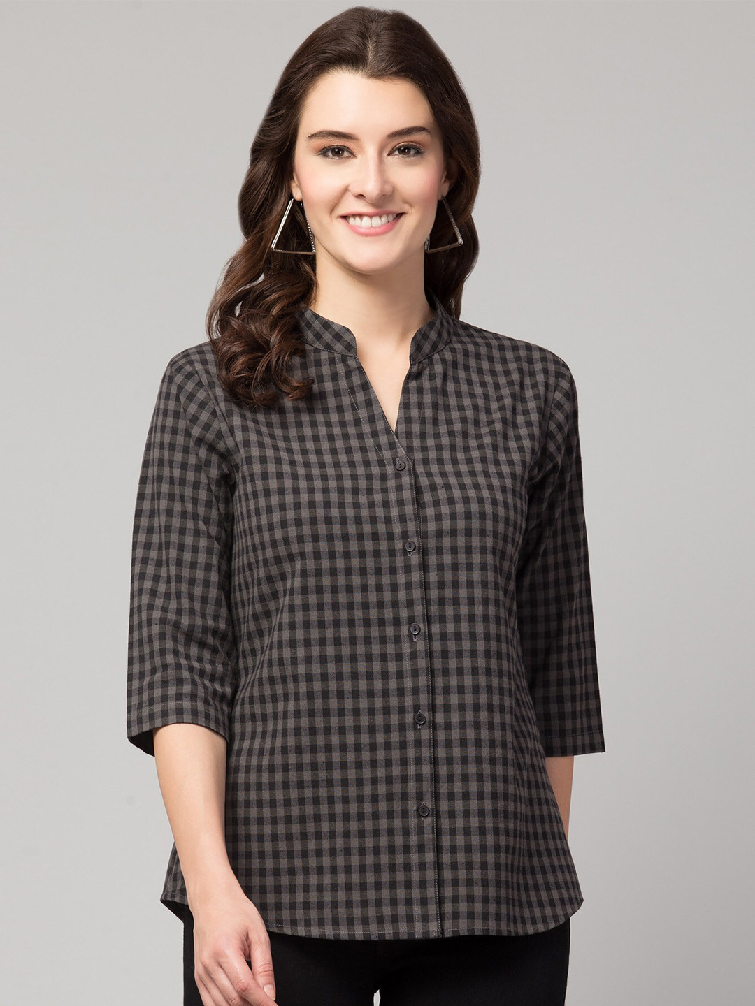 

Hive91 Grey & Black Mandarin Collar Checked Tunic