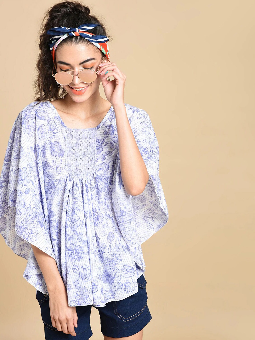 

Hive91 Women Blue Floral Print Pure Cotton Kaftan Top