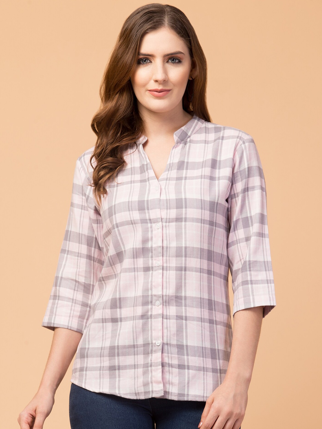 

Hive91 Women Pink & Grey Mandarin Collar Checked Cotton Tunic