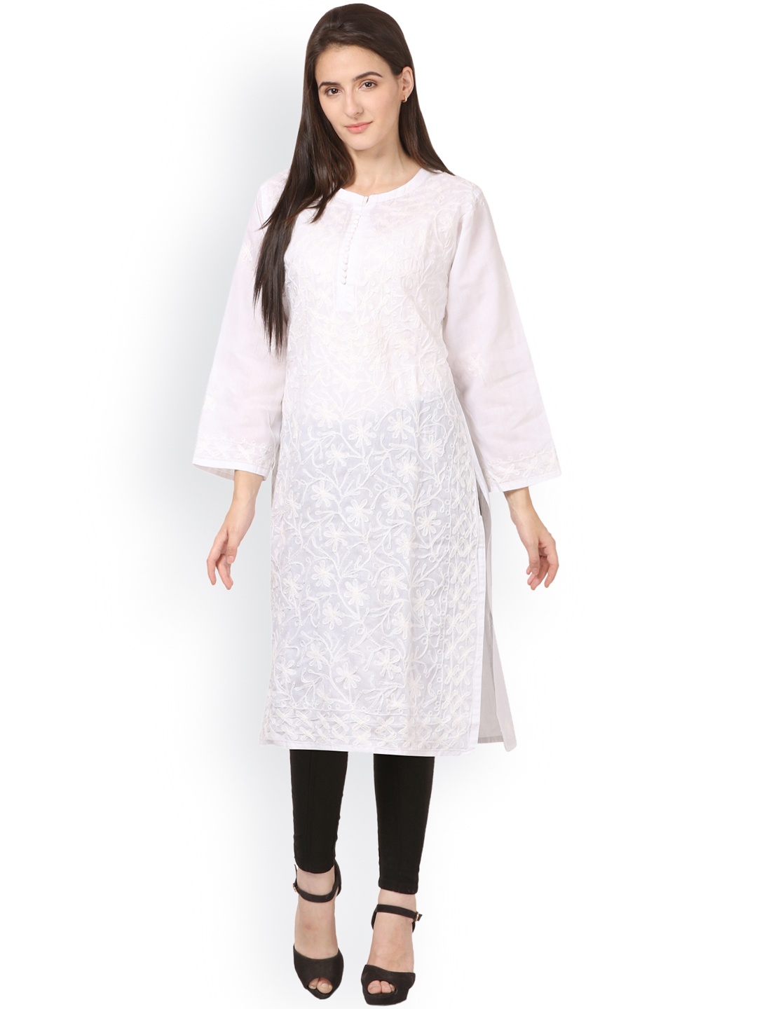 

Saadgi Women White Embroidered Straight Kurta